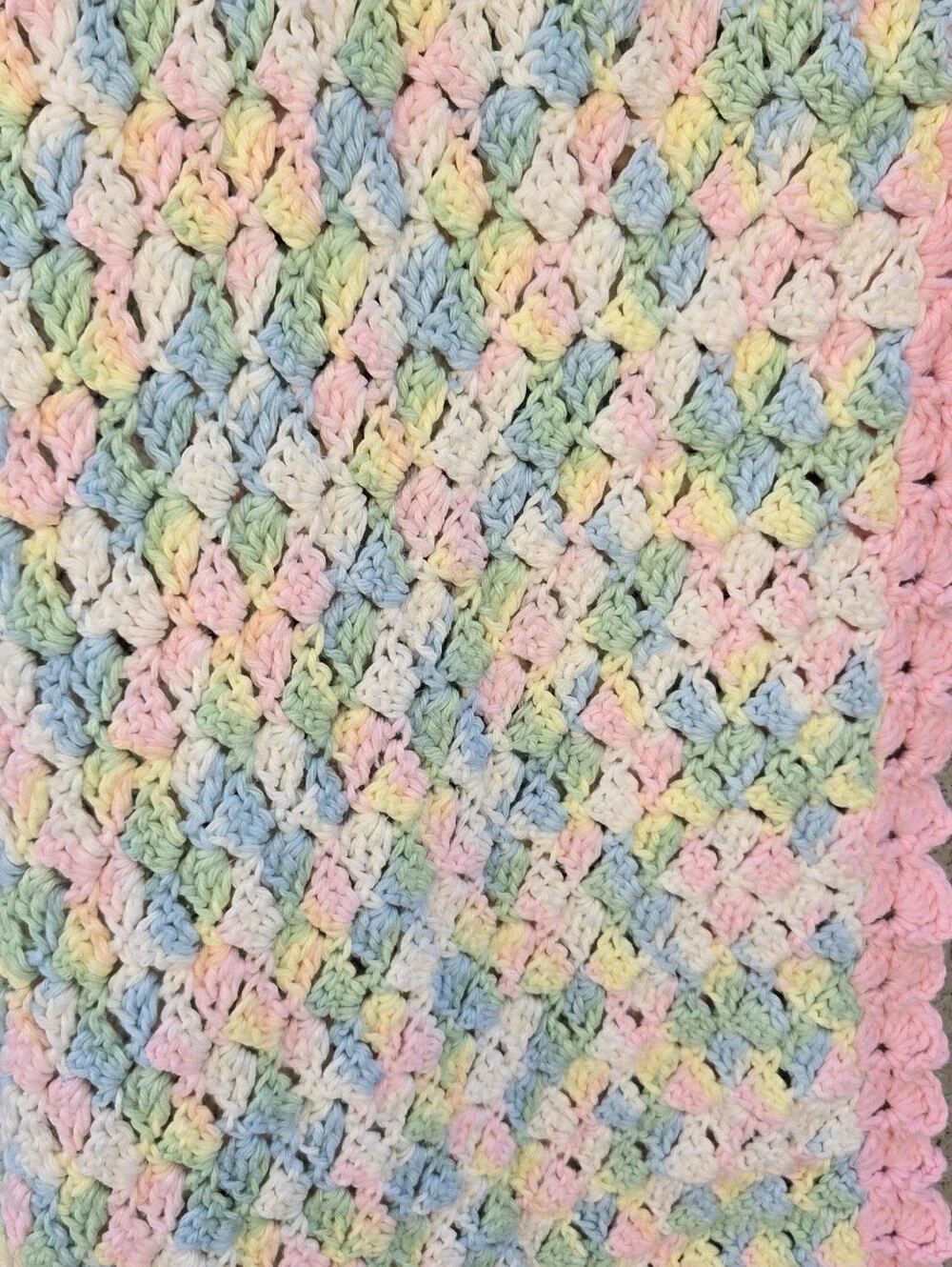 Vintage Handmade Pastel Crochet Baby Blanket with Pink Border